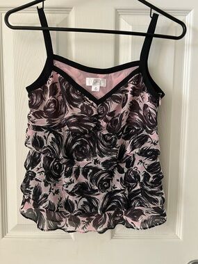 LOFT Pink and Black Floral Ruffled Camisole